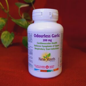 Ajo New Roots 200 mg con alicina activa para reducir colesterol, mejorar circulación y fortalecer defensas. Fórmula natural sin alérgenos.